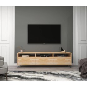 Resim Wood Face Holmes Ceviz Televizyon Sehpası ve Ünitesi 174X30 Masif Dekoratif Metal Firkete Ayaklı 