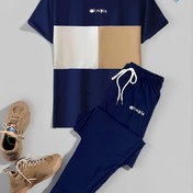 Resim Erkekler için Rahat Renk Bloklama Kısa Kollu Yuvarlak Yaka Loungewear Seti Uzun Pantolon ile 