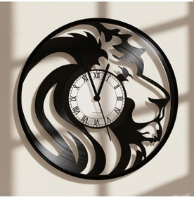 Resim Aslan Figürlü El Yapımı Vinil Plak Duvar Saati Siyah 