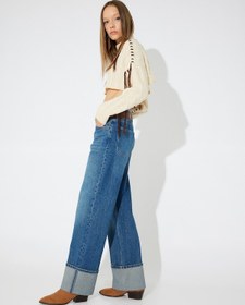Resim Koton Koton X Zeynep Bastık - Katlama Paça Detaylı Düz Paça Kot Pantolon - Longer Straight Jeans Orta İndigo 5wal40213md İndigo 