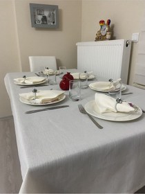 Resim Keten Görünümlü Simli Masa Örtüsü Bej 25 Parça Set 