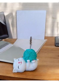 Resim Turkuaz Yumaklı Yatan Kawaii Kedi Temalı Not Tutacağı Fotoğraf Tutacak Tutucu Ofis Hediyelik Turkuaz 
