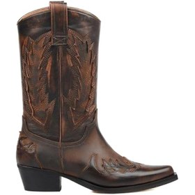 Resim Kahverengi Deri Kadın Kovboy Çizmesi (Kızıl) 