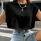 Resim Kadınlar için Günlük Kısa Kollu Crop Top - Düz Renk Yuvarlak Yaka Esnek Gömlek, Makinede Yıkanabilir İlkbahar Yaz Çok Yönlü Temel Tişört, Katmanlı Moda, Kolay Bakım Kumaşı 