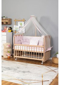 Resim Ahşap Beşik Anne Yanı Beşik Organik Boyasız 60x120 - Pembe Prenses Uyku Seti Yatak Tekerlekli Ahşap 