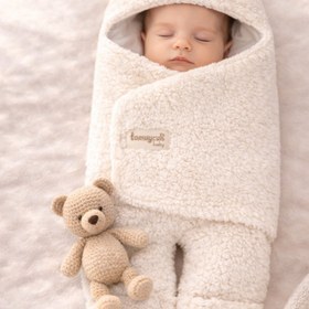 Resim Tomuycuk 0-12 Ay İçi Elyaflı Peluş Welsoft Kulaklı Ekru Dış Bebek Kundak & Battaniyesi Kışlık Uyku Tulumu 