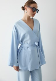 Resim Laluvia Mavi Düğme Detaylı Kemerli Kimono - 005 