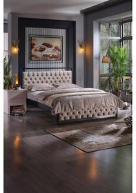 Resim Mithra Çift Kişilik Metal Karyola Krem Ahşap Latalı 