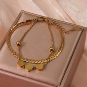 Resim Sevimli ve tatlı tarzı bir parça, moda çift katmanlı zincir tasarımı kullanarak, parlak mini 3 küçük şeftali kalp şeklinde 304 paslanmaz çelik kolye bilezik, kadınların buluşması veya ideal hediye seçimi için uygun 