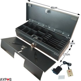 Resim SAYPOS Kolay Açma Butonlu Flip Top Para Çekmecesi Anahtarlı Üstü Açılır Metal Para Kasası 46x17x10cm 