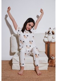 Resim Lela % 100 Pamuk Bisiklet Yaka Kısa Kollu Kız Çocuk Pijama Takımı 6651002 Ekru 