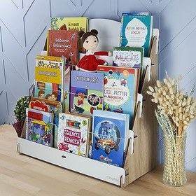 Resim Lucky Montessori Ahşap Çocuk Odası 4 Raflı Kitaplık (Meşe - Beyaz) 