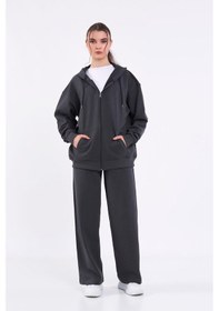 Resim Mmetalic Kadın Antrasit Normal Kalıp Basic Beli Lastikli Kapüşonlu Oversize Mevsimlik Alt Üst Eşofman Takımı Antrasit 