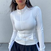 Resim Kadınların Yüksek Boyunlu Fermuarlı Spor Ceketi - Esnek Polyester, Uzun Kollu, Düz Renk, Bahar/Yaz İçin Rahat Giyim, Rahat Kış Giyim | Fermuarlı | Orta Esneklikli Kumaş 
