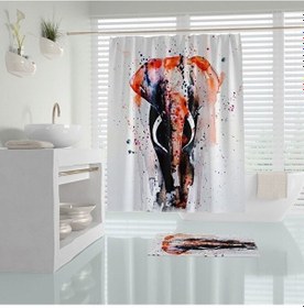 Resim Polyester Kumaş Renkli Fil Desen Banyo Perdesi Yerli Üretim 180x2 Çok Renkli 