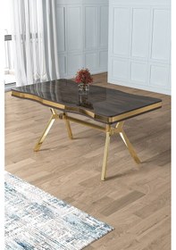 Resim Canisa Prah Serisi 90x160 Lak Panel Antrasit Ironi Gold Ayak Masa Takımı 6 Cappucino Sandalye Siyah Mermer Desen Masa Krem Sandalye 