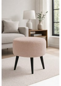 Resim Waterybrook Yuvarlak Puf Welsoft Kumaş Siyah Ahşap Ayaklı - Makyaj - Yatak Ucu - Dekoratif Oturma Pufu Vizon 