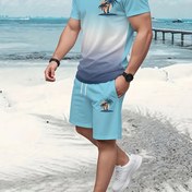 Resim Erkekler için Günlük Yazlık Kısa Kollu Tişört ve Plaj Şort Takımı, Polyester Örme Kumaş, Yuvarlak Yaka, Normal Kesim, Palmiye Baskılı, Hafta Sonu Günlük Giyim için, Günlük Yazlık Giyim|Günlük Set|Esnek Kumaş 