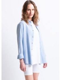 Resim Keten Kadın Gömlek Mavi 