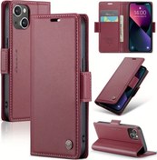 Resim Gaojunshop01 iPhone Uyumlu 13 Mini Kırmızı Rfıd Deri Kılıf Kartlık Manyetik Ayaklı 