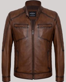 Resim Hakiki Kuzu Derisi Kahverengi Erkek Deri Mont Omuz Kol Işlemeli Deri Ceket Kahverengi 