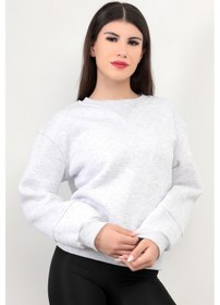 Resim Kar Melanj Kadın Basic Sweatshirt Yakası V Rabina Detaylı Üç İplik Pamuk Karışımlı - 2574 Kar Melanj 