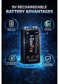 Resim I-gen Pro 6hr61 9v 250 Mah Şarj Edilebilir 9 Volt Pil Ni-mh Şarjlı Pil 4'lü Paket 