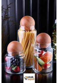 Resim Kapris Ahşap Top Kapaklı 3lü Cam Kavanoz Seti M-b02 Şeffaf 