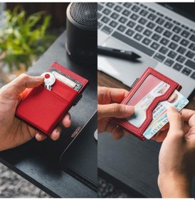 Resim Vulkit Edc Bölmeli Ve Kimlik Pencereli Kredi Kartı Cüzdanı, Ince Metal Gövde, Pop-up Kart Mekanizması Kırmızı 