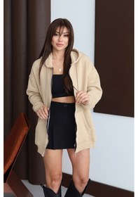 Resim Balenbi Kadın 3 İplik İçi Polarlı Kapüşonlu 75cm Oversize Sweat Hırka 1129 Bej 