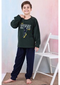 Resim Yeni Sezon Sonbahar/kış Erkek Çocuk Skate Desenli Polar Pijama Takımı 4515 Haki Yeşili 