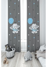 Resim Mekta Home Bebek Ve Çocuk Odası Açık Mavi Filli Balonlu 2 Kanat Fon Perde 