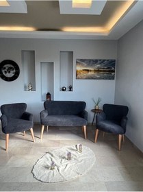 Resim Azra Mobilya Azra Aksesuar Çay Seti Oturma Grubu, Puffy Kumaş Koltuk Takımı, Ahşap Ayak, Balkon Bahçe Mobilyası Gri 