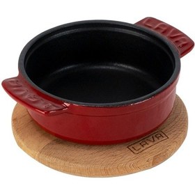 Resim Lava Döküm Yuvarlak Güveç Kabı Döküm Demir Yekpare Çift Kulplu Kayın Servis Ahşabı Çap Ø 11cm.-bordo Bordo 