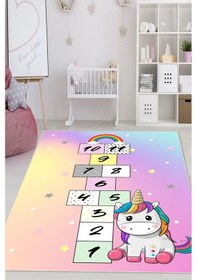 Resim Dijital Baskılı Dekoratif Kaymaz Taban Yıkanabilir Unıcorn Temalı Modern Çocuk Halısı Çok Renkli 