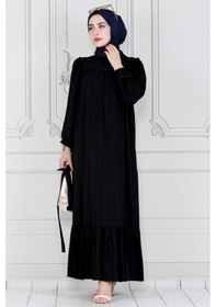 Resim Sevitli Robalı Kuşaklı Ada Elbise-siyah-4021-siyah Siyah 
