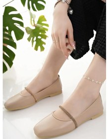 Resim Kadın Babet Bej Taşlı Şık Ev İş Ofis Günlük Ayakkabı 