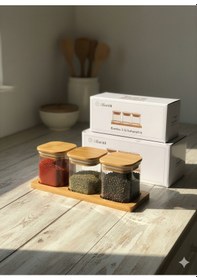 Resim Lebron Bambu Kapaklı Cam Baharatlık Seti 3 Lü Standlı Kare Şeffaf 