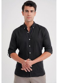 Resim Comfort Fit Düğme Yaka Katlanır Kol %100 Keten Düz Siyah Gömlek G 1595 Siyah 