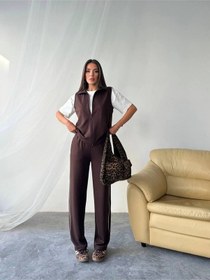 Resim Rawea T-shirtlü Yelekli Eşofman Takımı 3'lü - Boru Paça & Slim Fit Kahverengi 