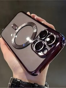 Resim Fibaks iPhone 14 Pro Max Kılıf Kamera Lens Korumalı Magsafe Şarj Kilifi Şeffaf Renkli Yumuşak Kapak Mor 