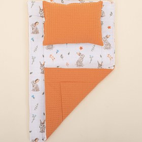 Resim Alt Açma Matı ve Yastık - Çift Taraflı - Turuncu Petek - Kahverengi Tavşan 