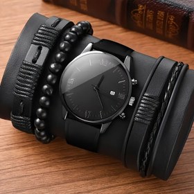 Resim 4 Parça Moda Erkek Kuvars Saat Seti, Alaşımlı Kadranlı Trend Takı Seti, Düğme Pil - Yeni Yıl Partisi Doğum Günü Okula Dönüş Sezonu Sevgililer Günü Noel Arkadaşlar Bayramı için İdeal Hediye 