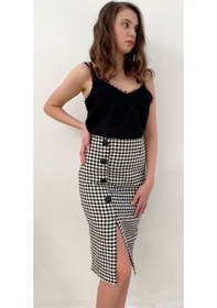 Resim Mois Atelier Kazayağ Desenli Siyah-Beyaz Yırtmaçlı Dizaltı Kalem Etek Tasarım Hediye Büyük Beden 