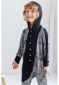 Resim Oliven The Kid Oliventhekid Siyah Gri Ince Triko Geometrik Desenli Kapişonlu Önden Düğmeli Kışlık Unisex Çocuk Tulum Bej Bej 