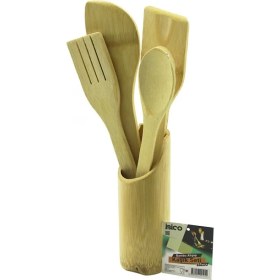 Resim 5pcs Ahşap Bambu Mutfak Seti Stand - Kaşık - Çatal - 2 Spatula Fileli (4887) 