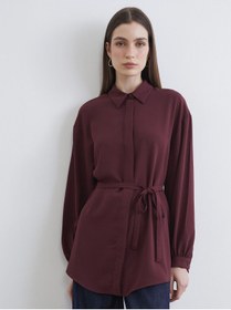 Resim LC Waikiki LCW Modest Bordo Beli Kuşaklı Oversize Kadın Gömlek Tunik 
