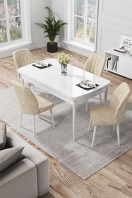 Resim Canisa Concept Par Serisi 70x114, Açılabilir Mdf Mutfak Masa Takımı, Beyaz Masa Ve 4 Krem Sandalye 