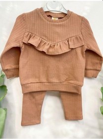 Resim Zekids Kız Çocuk Pamuklu Fırfır Detaylı Taytlı Takım-14295 Kahverengi 