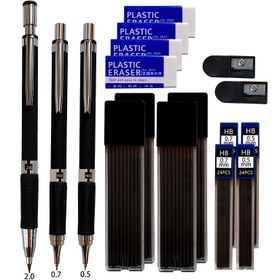 Resim 17 parça Makine Kalem Seti 0.5, 0.7, 2.0mm, Siyah Kalem Yedekleri Silgi ile, Çizim ve Boyama Araçları için. Okul Sanat Öğrenci Malzemeleri Hediye, Sanat Malzemeleri | Profesyonel Sınıf Kalem | Dayanıklı Yapı, Kalem Tutucu 